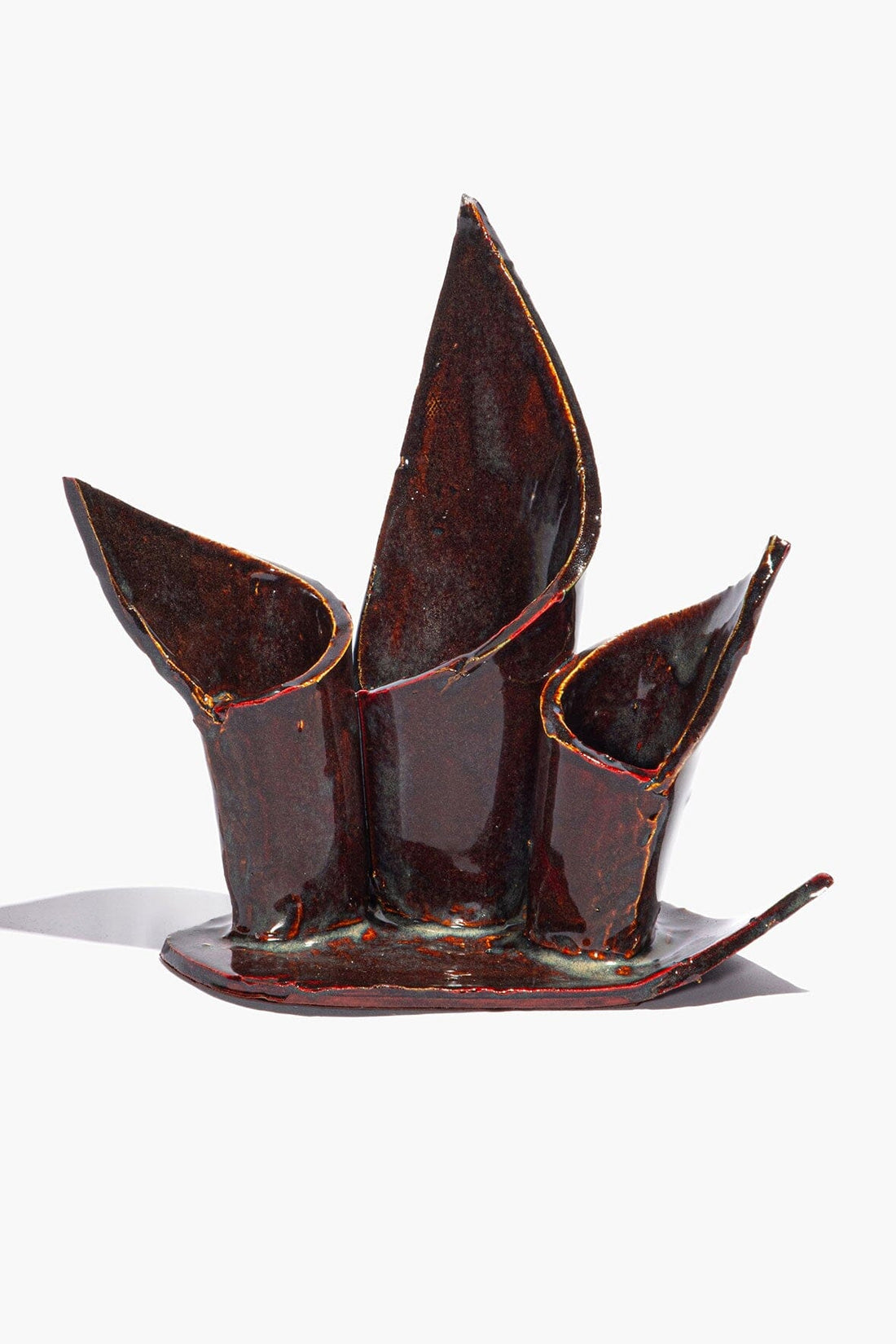 Ceramic Triple Candlestick Holder | Maroon Wash Glaze — 1