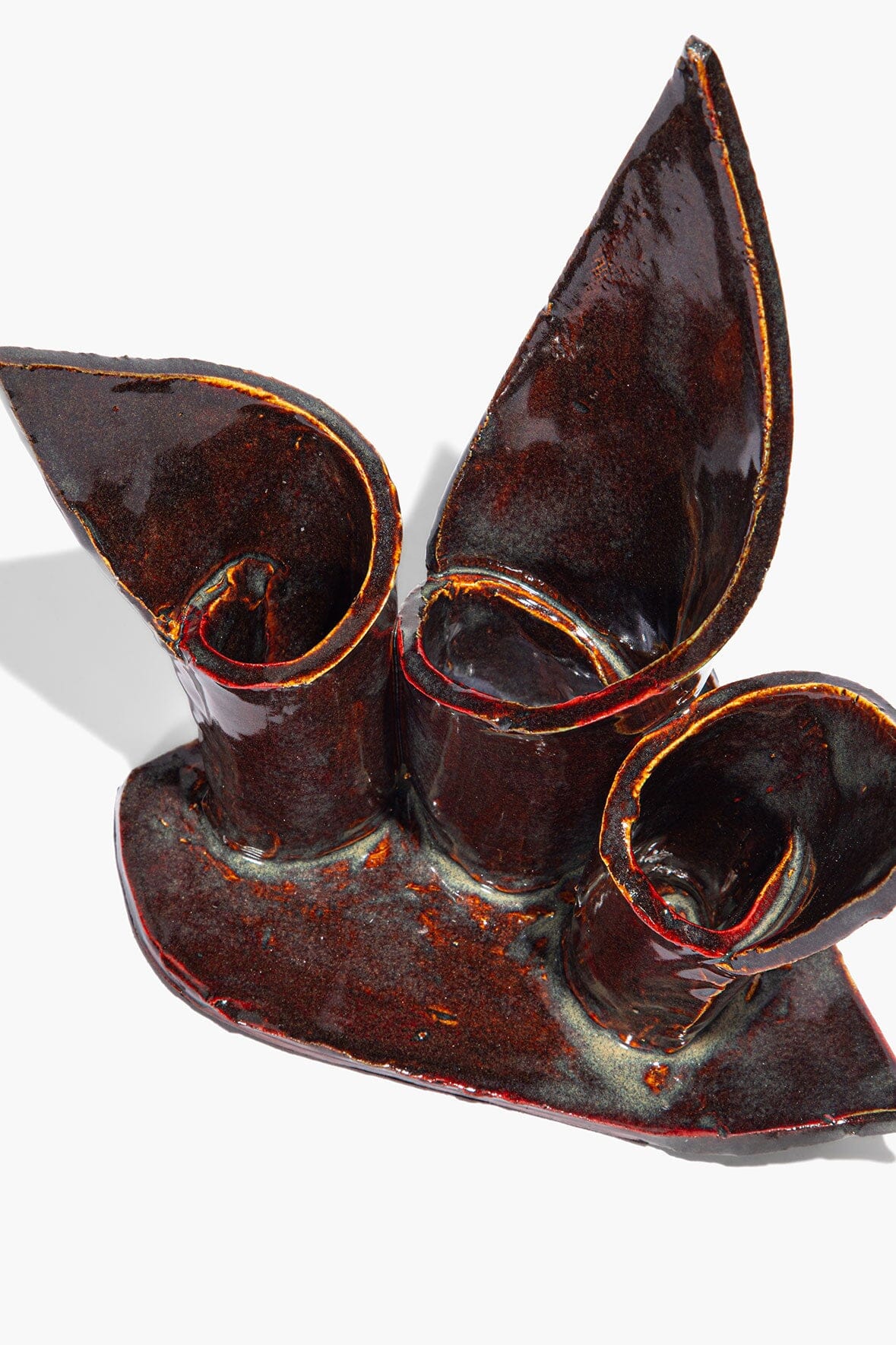 Ceramic Triple Candlestick Holder | Maroon Wash Glaze — 4