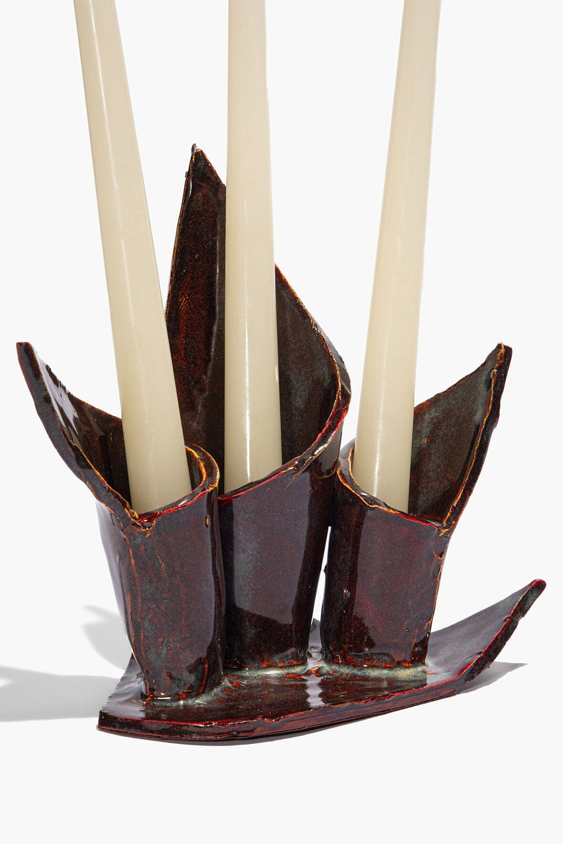 Ceramic Triple Candlestick Holder | Maroon Wash Glaze — 1