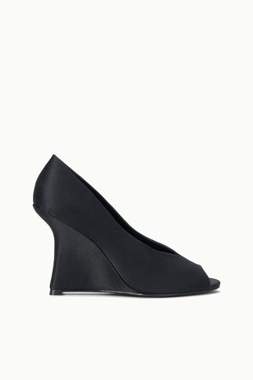 Brigitte Peep Toe Wedge | Black Satin — 1